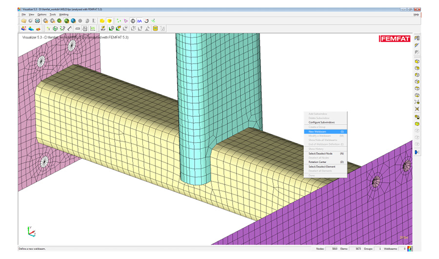 Simulation of FEMFAT visualizer showing the way of defining weld seams in step one